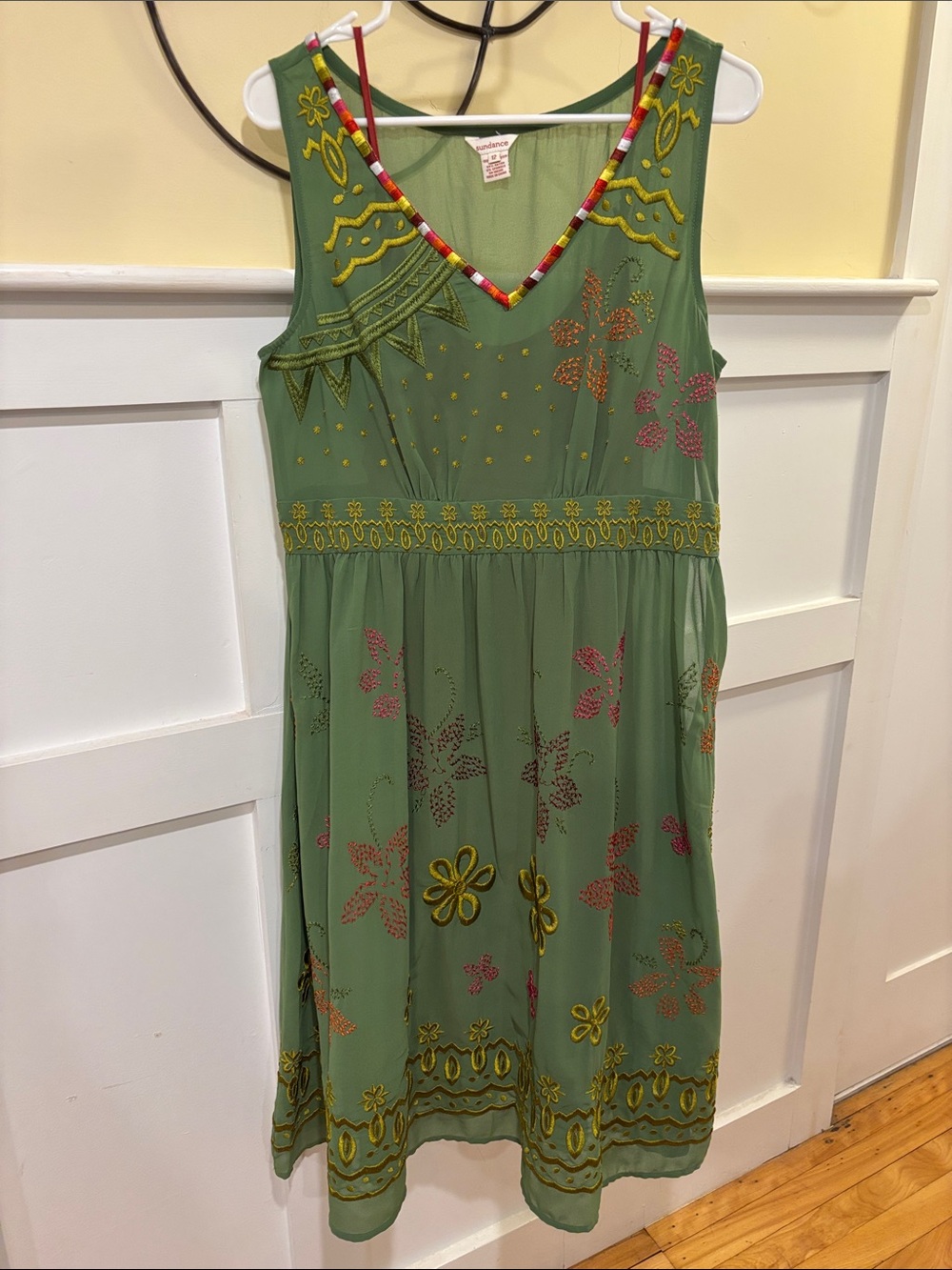 Sundance Green V-Neck Dress with Multicolor Floral Embroidery